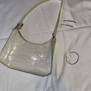 Cream Croc-Embossed Shoulder Bag